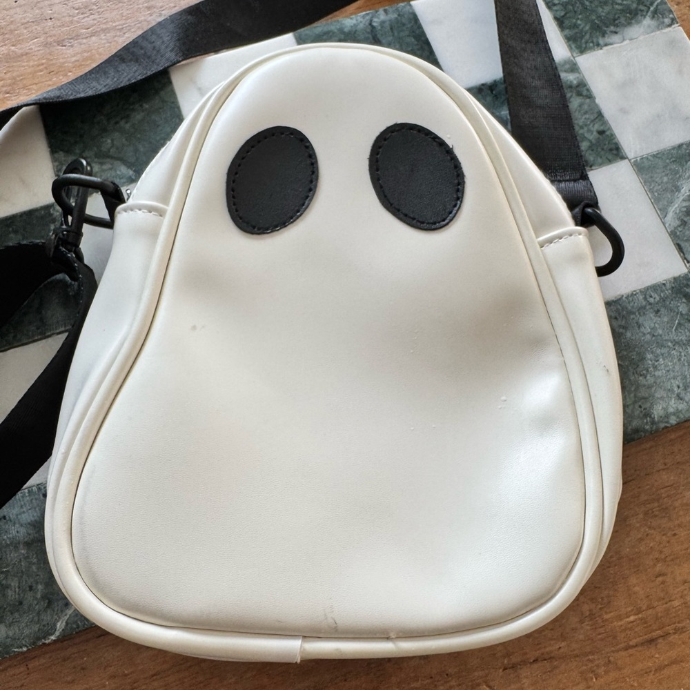 White Ghost Crossbody Bag. Great for Halloween. Black strap.